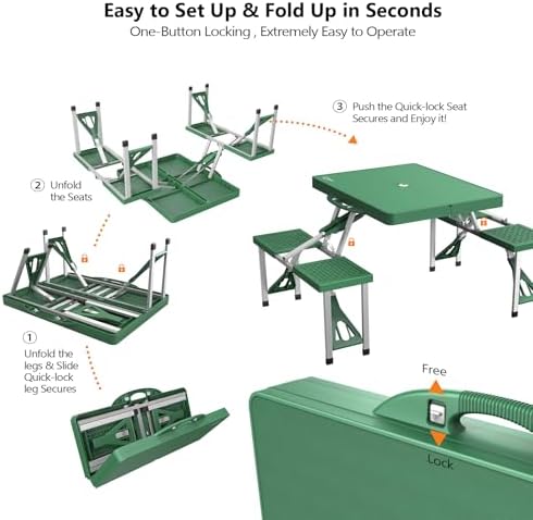 VINGLI 4 Ft Portable Folding Picnic Table Camping Table Foldable Set with 4 Seats with Umbrella Hole Suitcase Card Table-220 Lbs Support Aluminum Frame, Plastic RV Tabletop for Yard, Travel