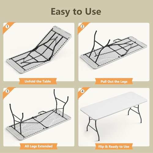 5FT Folding Table 6 Pack, Heavy Duty Fold in Half Plastic Tables with Carry Handle, Portable Indoor Outdoor Utility Table for Party, Picnic, Camping, Banquet, Wedding, RV Travel