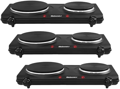 Elite Gourmet EDB-302BF Countertop Double Cast Iron Burner, 1500 Watts Electric Hot Plate, Temperature Controls, Power Indicator Lights, Easy to Clean, Black (Pack of 3)