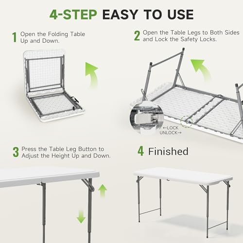 Folding Table 4 Foot - 3-Position Adjustable Height, Heavy Duty 400 lbs Capacity - Portable Tables Folding for Camping, Party, Indoor & Outdoor Use, 10 Pack
