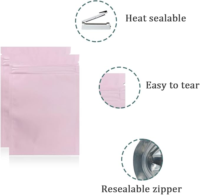 FERENLI 100Pcs Zipper Lock Self Seal Flat Pouch for Zip Aluminum Foil Lock Package Bag Coffee Food Storage Resealable Mylar Bags Heat Sealable Candy Reclosable Bags (8x12cm (3.1x4.7 inch), Pink)