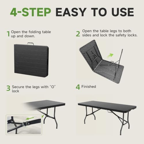 Heavy Duty Folding Table, Sturdy Portable Foldable Table with Safety Lock, Indoor Outdoor Use for Camping Party, 6/8 Foot (Standard, Black-Wood Grain, 6FT-10 Pack)