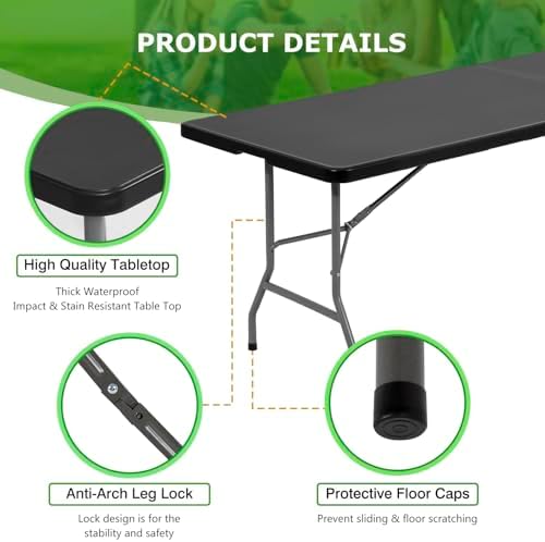 BestOffice | 8FT Folding Table | Black | Portable Plastic Table