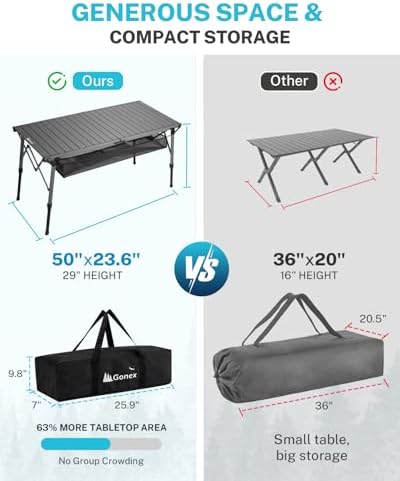 Gonex 50" Camping Table, Roll Up Aluminum Folding Picnic Beach Table