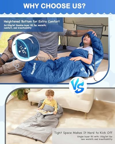 KingCamp 45°F Kids Sleeping Bag, 100% Flannel Sleeping Bag for 10-12 Child