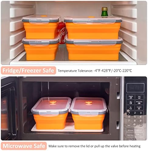 Collapsible Food Storage Containers with Airtight Lid & Vent, 40.5 oz, Kitchen Stacking Silicone Collapsible Meal Prep Container Set for Leftover, Microwave Freezer Dishwasher Safe, Orange, Set of 4