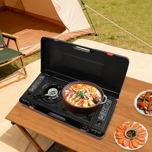 2 Burners Burner Butane Stove, Portable Camping Stove Kit with Baking Tray & Portable Case, Outdoor Travel Camp Stove for Camping, BBQ, Home