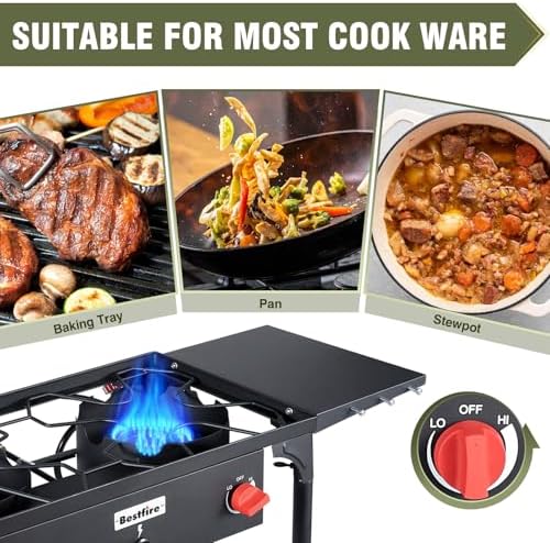Bestfire 2 Burner Propane Camping Stove,150,000 BTU,Exclusive One-Touch Auto Ignition (Safer & Convenient),2 Side Shelves,CSA-Certified,30s Tool-Free Setup,Portable for Camping, Estufa De Gas Portatil