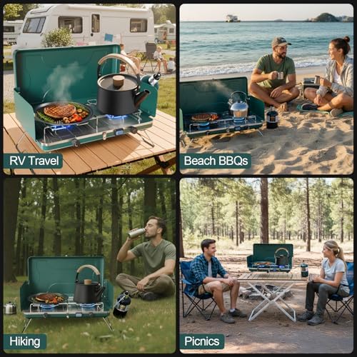 2-Burner Propane Stove, Portable Camping Cooktop with 2 Adjustable Burner and Wind Guards, 20000BTU Camping Stove with Ignition & Griddle for Camping,Tailgating, BBQ, Grilling,Outdoor Gear