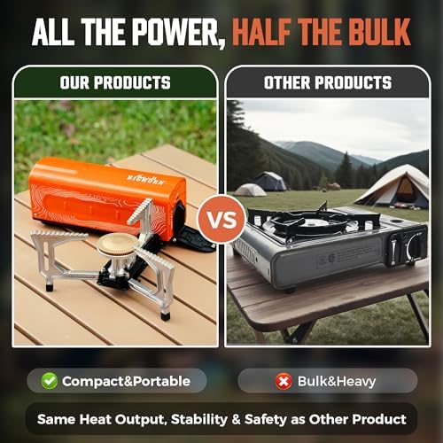 BIG HORN OUTDOORS Butane Camping Stove, Portable Folding Gas Burner with Carry Bag for Camping, Emergency Use and Outdoor Cooking, Orange