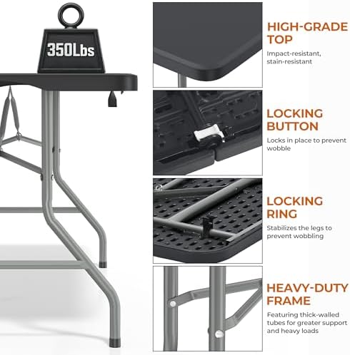 SKONYON 5ft Folding Table Heavy Duty 350 LBS Foldable Table with 18% Thicker HDPE Top Reinforced Steel Frame Portable Fold-in-Half Table Under 18 lbs for Outdoor Indoor Party Wedding Camping Black
