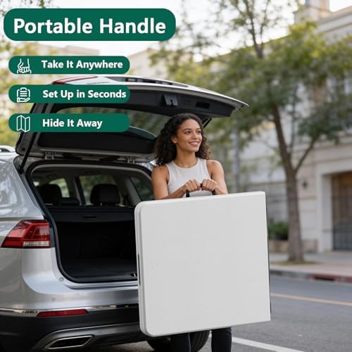 2 Pack 5ft Folding Table, Foldable Picnic Table with Carrying Handle, Heavy Duty Fold-in-Half Portable Table for Weddings, Camping, RV Travel, Parties, and Indoor Use, Easy to Fold and Store, White