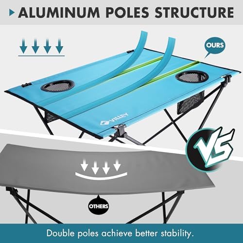 VILLEY Folding Camping Table, Portable Table with 2 Cup Holders, Large