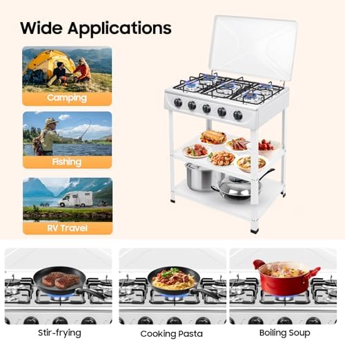 5 Burner Propane Portable Gas Stove, Gas Burners for Cooking Outdoor with Support Leg Stand Adapter Auto Ignition Cooktop Stove Top for RV, Apartment, Outdoor Cooking (White)