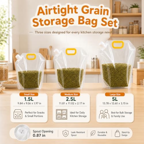 Airtight Grain Storage Bags with Handle - Cereal Containers with Pour Spout, Reusable Rice Food Sealed Container (10PCS,Large-350 OZ)