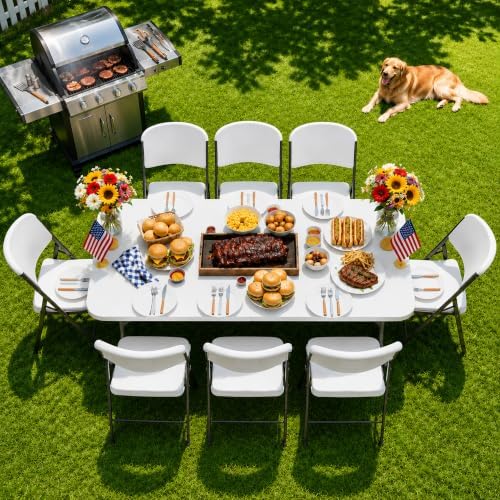 HULKFIT Portable 8-Piece Folding Table and Chairs Set, Heavy Duty 6ft Camping & Party Furniture for Indoor Outdoor Events, White