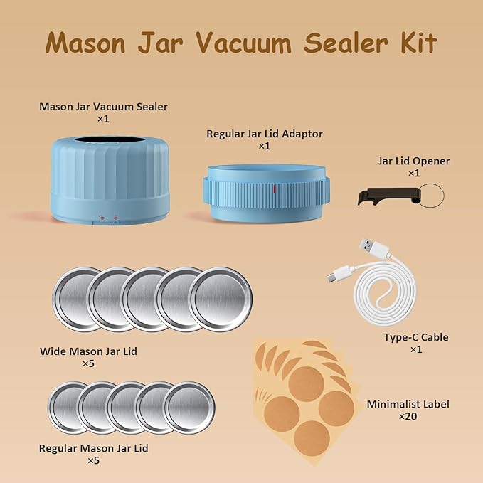 Fully Automatic Mason Jar Vacuum Sealer Kit, Auto Stop Mason Jar Vacuum Sealer Kit, Jar Vacuum Sealer for Mason Jars, Jar Vacuum Sealer, A Must-Have for Canned Foods Pantry Canning Pickling