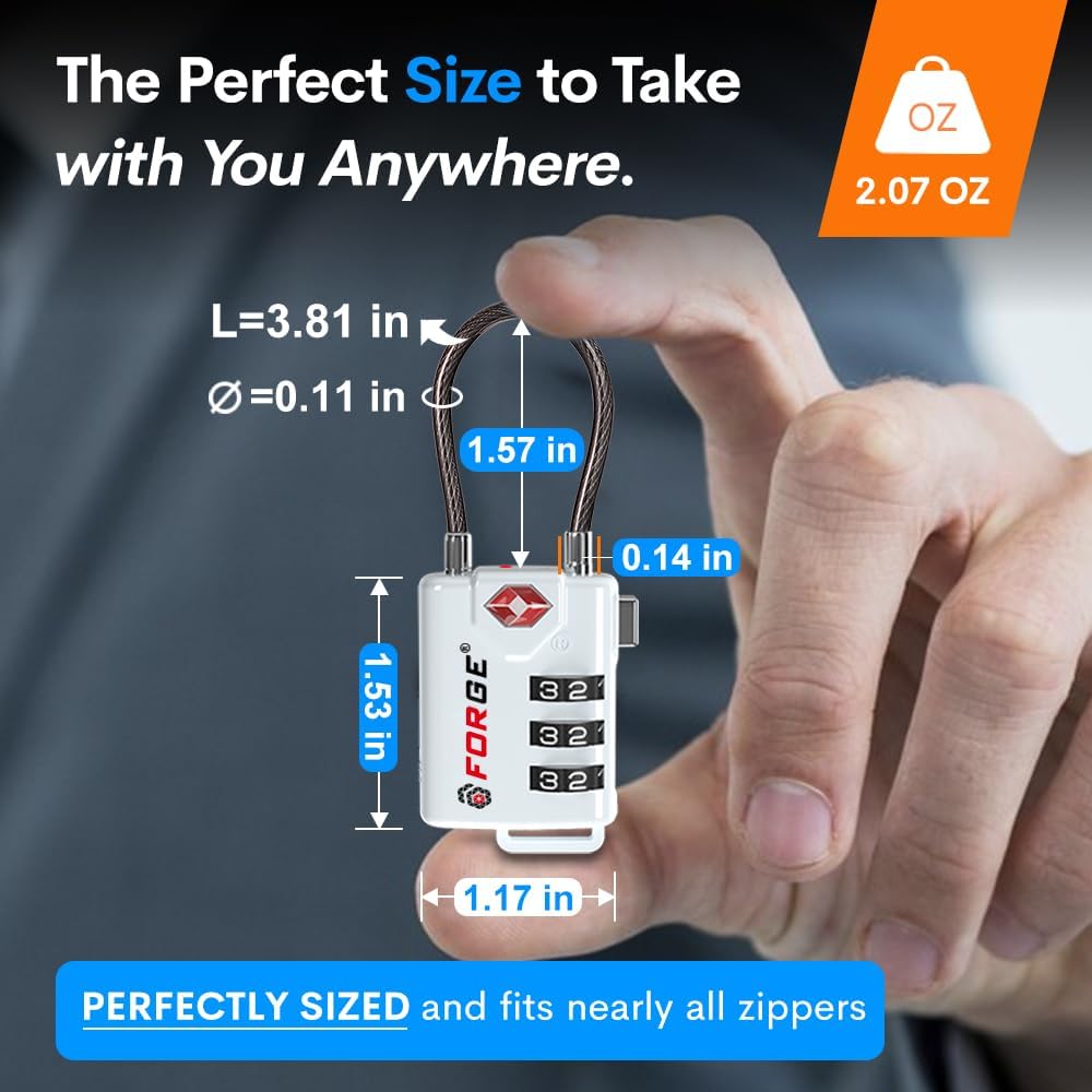 TSA Approved Cable Luggage Locks, Re-settable Combination with Alloy Body (White 4 Locks)