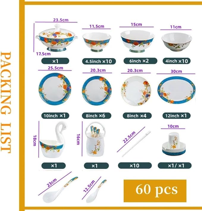 60 Pieces of 10-12 People Bone China Bowl and Plate Dinnerware Set Pomegranate