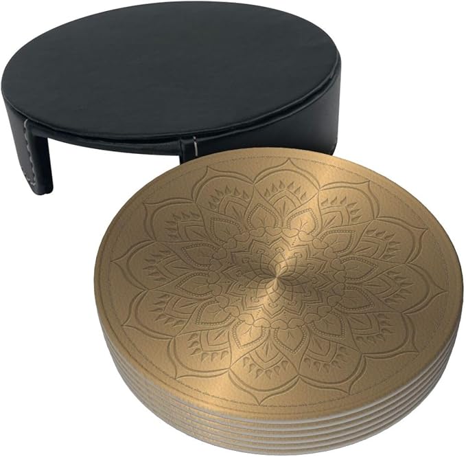 Drink Coasters with Holder Stand Set of 6, Mandala Rosette Engraving Pu Leather