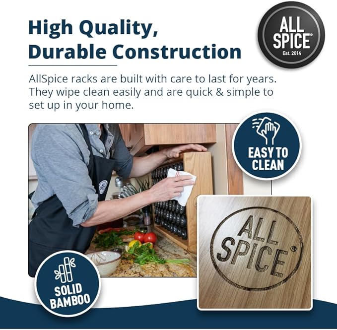 AllSpice Spice Rack Organizer, Wood, 525 Unique Labels, Countertop or Wall Mount, Includes 60 4oz Jars- Bamboo