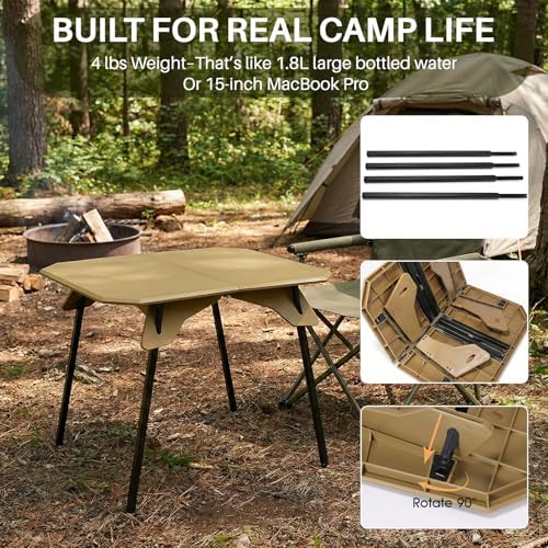 TOPCHANCES Folding Camping Table, Ultralight Aluminum Portable Table with Adjustable Height, 2-in-1 Carry Bag for Outdoor Picnic, Travel, Beach, BBQ & Festival(Khaki)