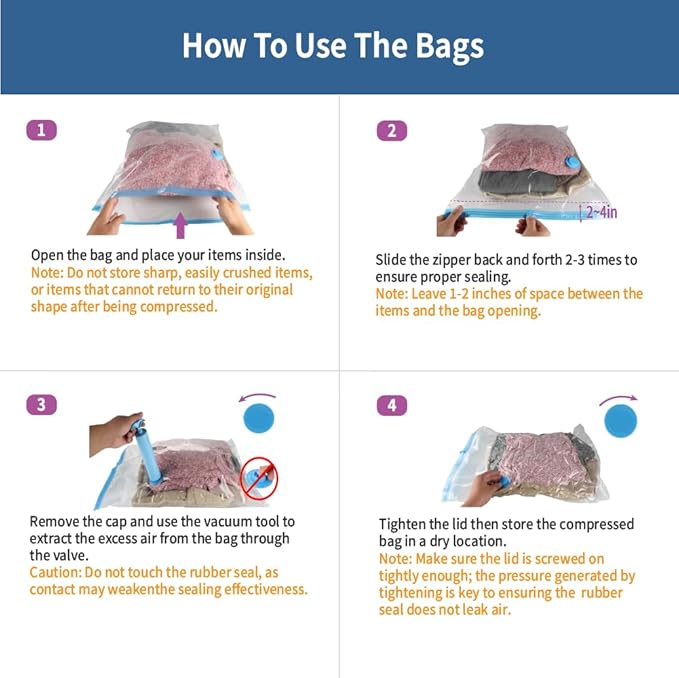 7 Pack Jumbo Space Saver Vacuum Storage Bags for Clothing Travel, Vacuum Seal Compression Bags for Clothes, Packing, Luggage, Blankets, Comforters and Pillows, Hand Pump Included
