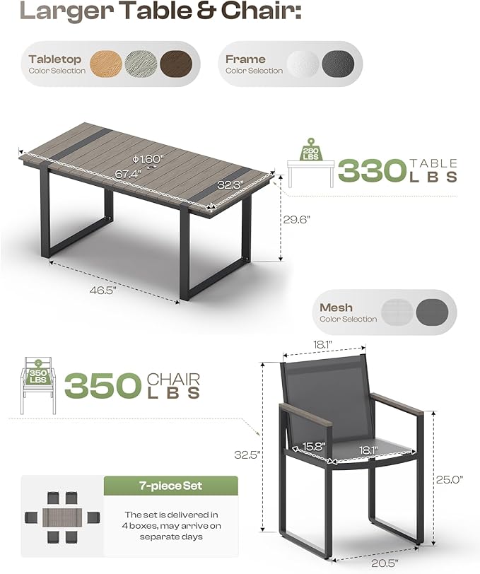 Outdoor Dining Table for 6, HDPS+ Aluminum Patio Dning Table