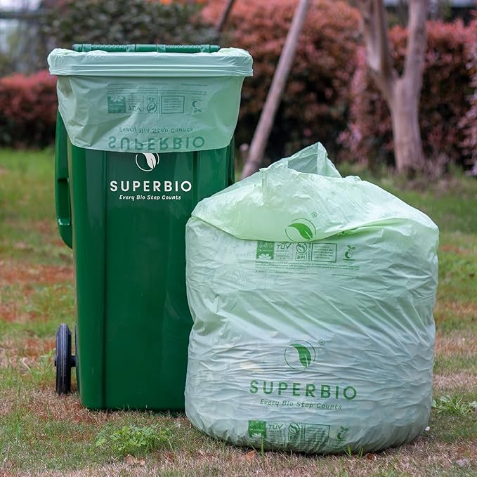 SUPERBIO 33 Gallon Compostable Yard Waste Bags, Lawn & Leaf Bags, Extra Thick 1.57 Mil (120 Count Bulk), BPI and OK compost INDUSTRIAL