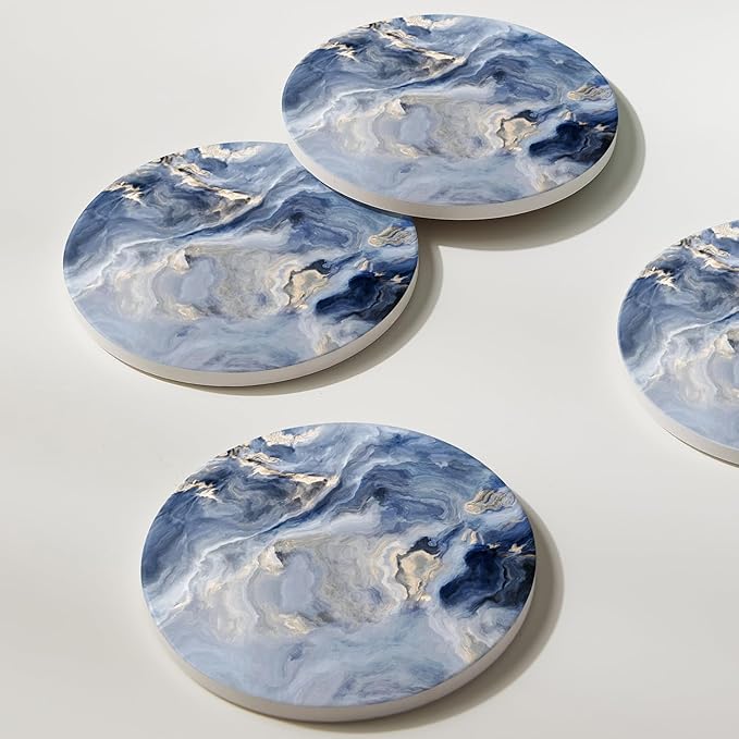 Set of 6 Abstract Navy Blue Marble Coasters with Holder, Absorbent Ceramic Drink Coasters for Table Protection, Housewarming Gifts for New Home