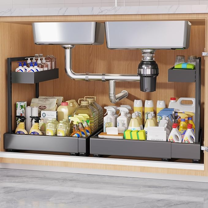 1-Pack L-Shape Expandable Under Sink Organizer with 3 Ball-Bearing Slide Rails,2-Tier Pull-Out Under Cabinet Storage Shelf for Kitchen & Bathroom,Height-Adjustable Slide-Out Cabinet Drawer-Black