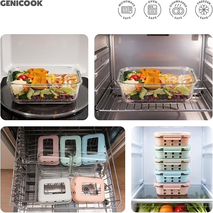 4.4 Cup Glass Food Storage Containers 5-Pack, Airtight Meal Prep Containers with Tempered Glass Lids & Non-Slip Sleeve, Leakproof, BPA-Free, Stackable, for Microwave, Dishwasher, Freezer