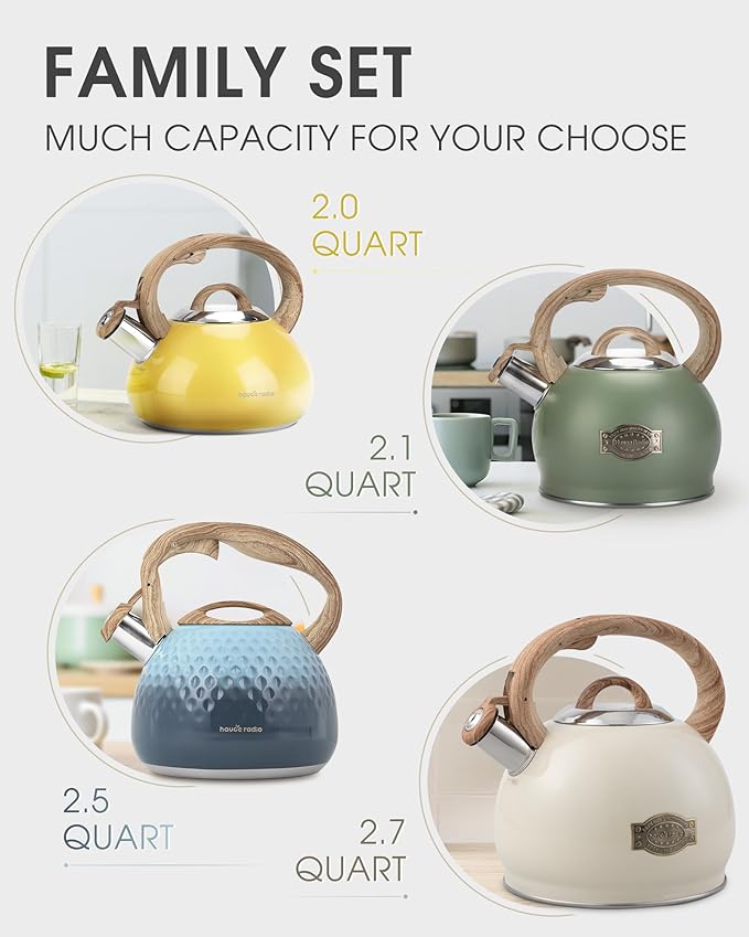 Tea Kettle Stovetop, Black Tea Kettles-2.1 Quart Loud Whistle Stovetop Teapot,Food Grade Stainless Steel with Wood Pattern Handle, Unique Button Control Kettle Outlet for Tea, Coffee
