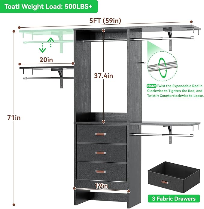 Armocity 5FT Small Closet System with 3 Fabric Drawers, 60 Inches Walk In Closet Organizer System With 3 Adjustable Shelves, Heavy Duty Clothes Rack Built-In Garment Rack, 59" L x 16" W x 71" H, Black