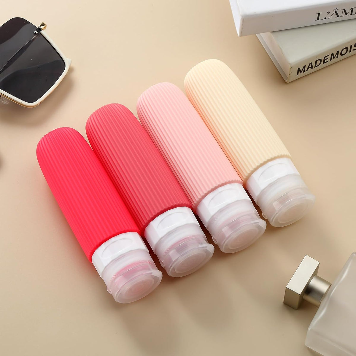 Travel Bottles for Toiletries, Tsa Approved 3oz Portable Travel Bottles, BPA Free Leak Proof Squeezable Silicone Travel Size Containers, Travel Accessories with Clear Toiletry Bag (4 Pack)