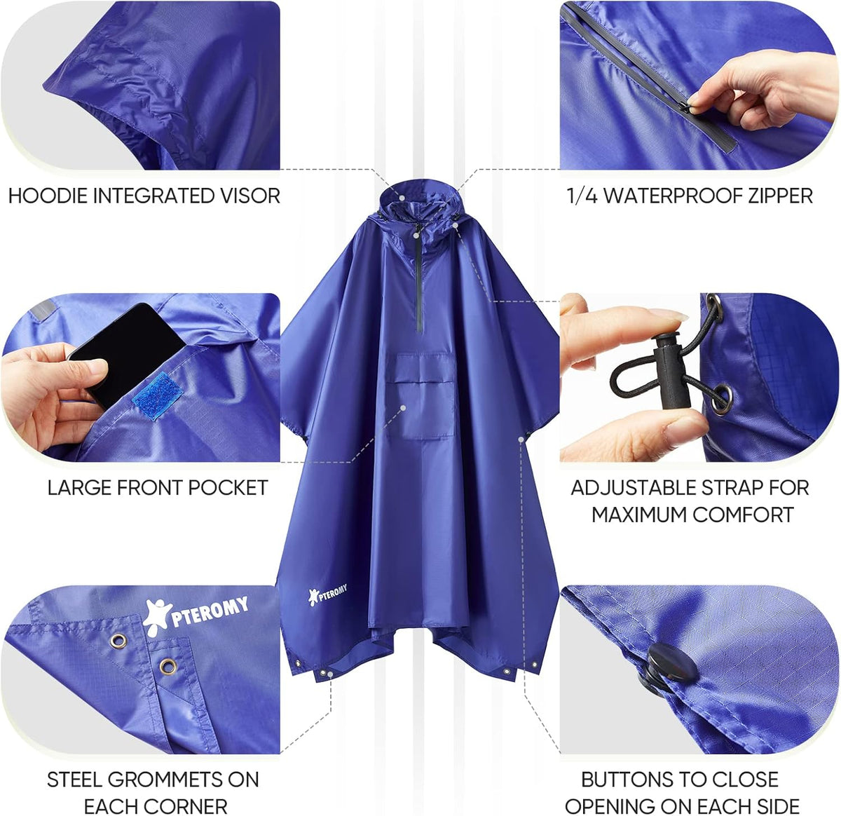 PTEROMY Hooded Rain Poncho for Adult with Pocket, Waterproof Lightweight Unisex Raincoat for Hiking Camping Emergency