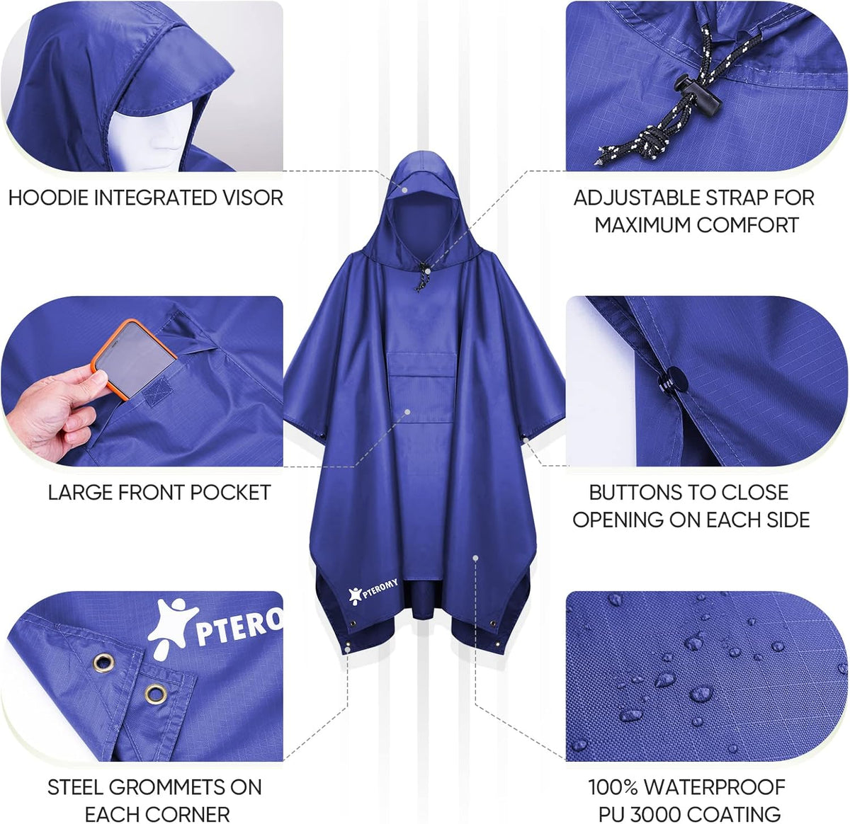 PTEROMY Hooded Rain Poncho for Adult with Pocket, Waterproof Lightweight Unisex Raincoat for Hiking Camping Emergency