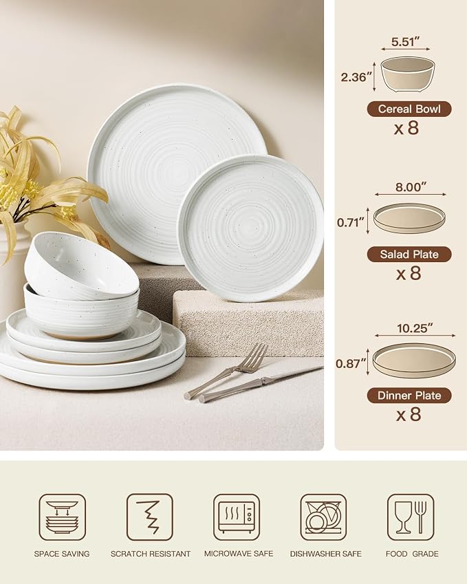 Stoneware Dinnerware Set for 8, Plates and Bowls, Chip & Scratch Resistant