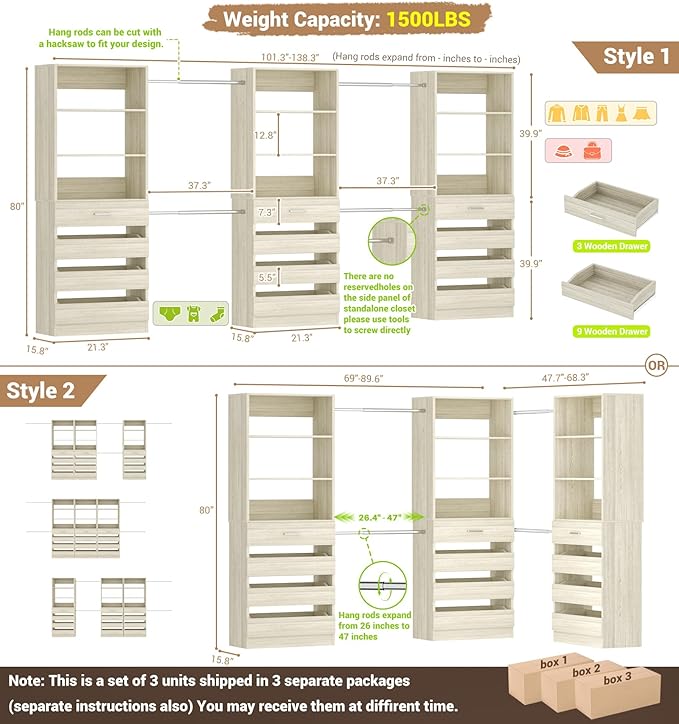 Aheaplus Closet System with 12 Drawers, 8.5-11.5Ft Wood Closet Organizer System with 4 Hanging Rods & 3 Towers, 4Ft & 6Ft L-Shaped Walk-in Closets Wardrobe Organizer Clothes Rack, Set of 3, White Oak