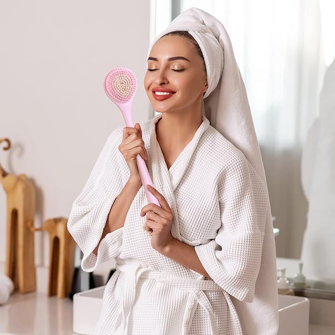 BEDELITE Back Bath Brush Long Handle for Shower - Soft Shower Brush for Men & Women,Back Brush Scrubber(16.4" Long), Skin Exfoliator for Bath Scrubber Body Brush(Pink)