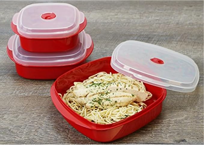 Reston Lloyd Nesting Microwave Containers, Set of 3, Adjustable Steam Vents, Airtight, Meal Prep, Durable BPA-Free Plastic- Freezer & Dishwasher Safe, Cookware & Food Storage, Anyday Cookware, Red