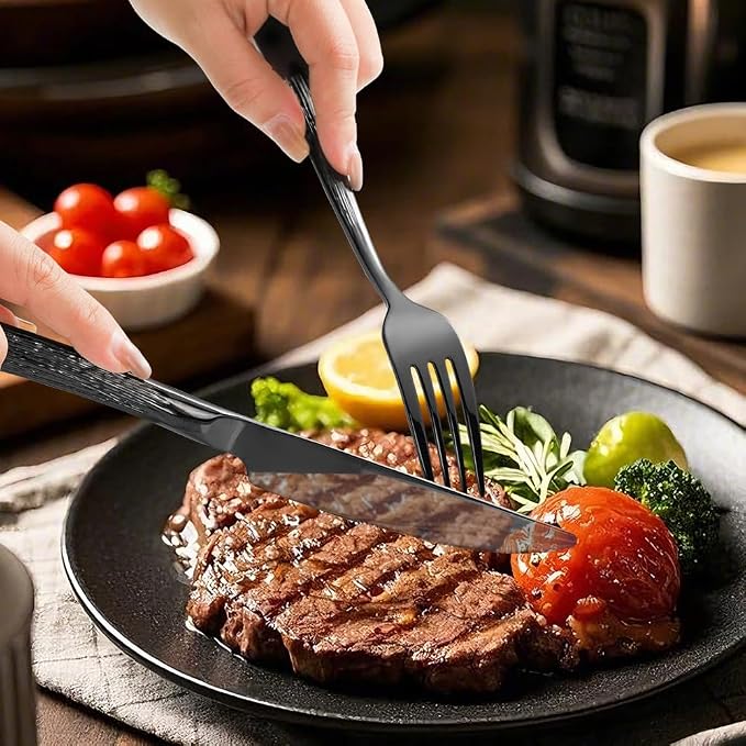 Black Hammered Silverware Set, Heavy Duty Flatware Set, 18/0 Stainless Steel