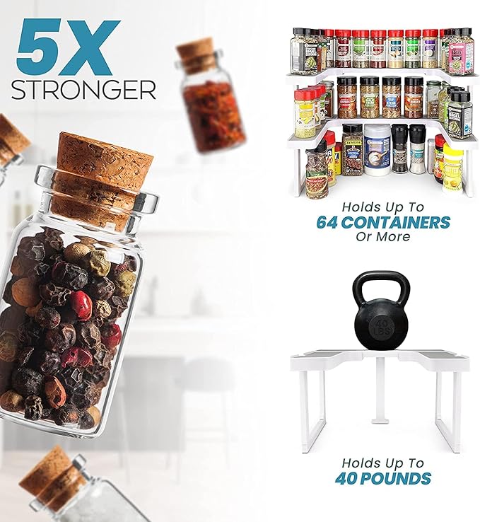 Spicy Shelf Premium – Expandable 2-Tier Spice Rack Organizer for Cabinets & Pantry – Adjustable Stackable Kitchen Seasoning Organizer – Strong Non-Slip Cabinet Organizer for Spices, Bottles & More