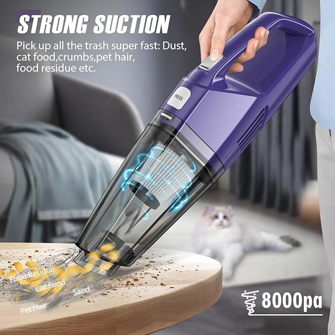 Handheld Vacuum Cordless – Car Vac Portable with 8KPA & Multi Accessories & Low Noise, Lightweight Hand Held Vacuum Cordless Rechargeable for Car/Home/Dust/Pet Hair, Mine Portable Vacuum