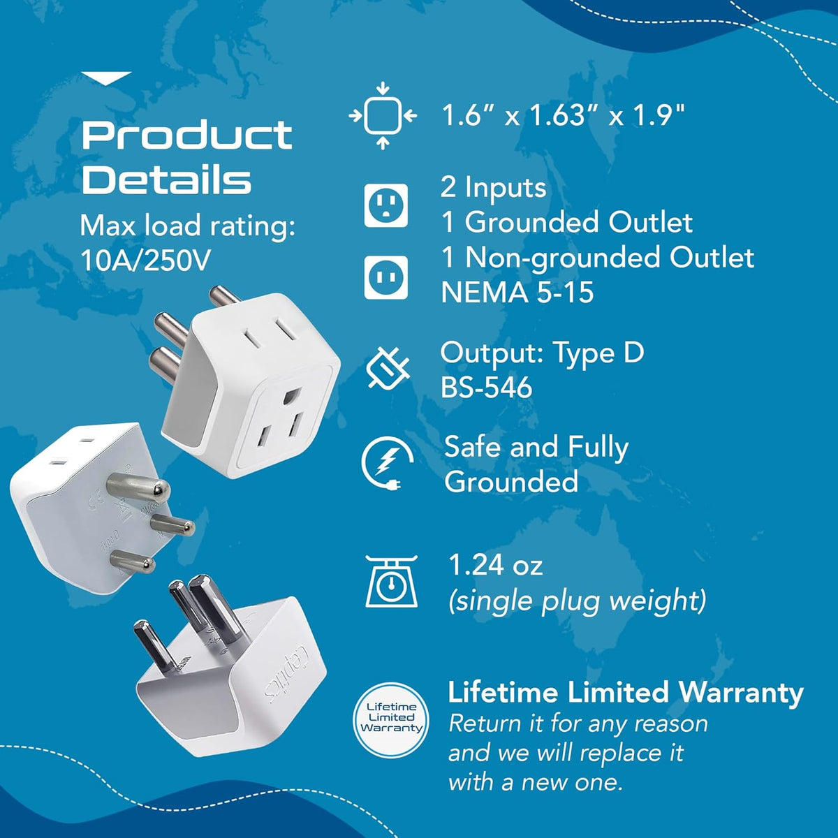 Ceptics US to India Plug Adapter works in Nepal, Maldives, Pakistan, India Power Adapter, Dual USA Input, Grounded Travel Adapter for Indian plug, Perfect for Phones, Laptop Chargers, 3 Pack (CT-10)