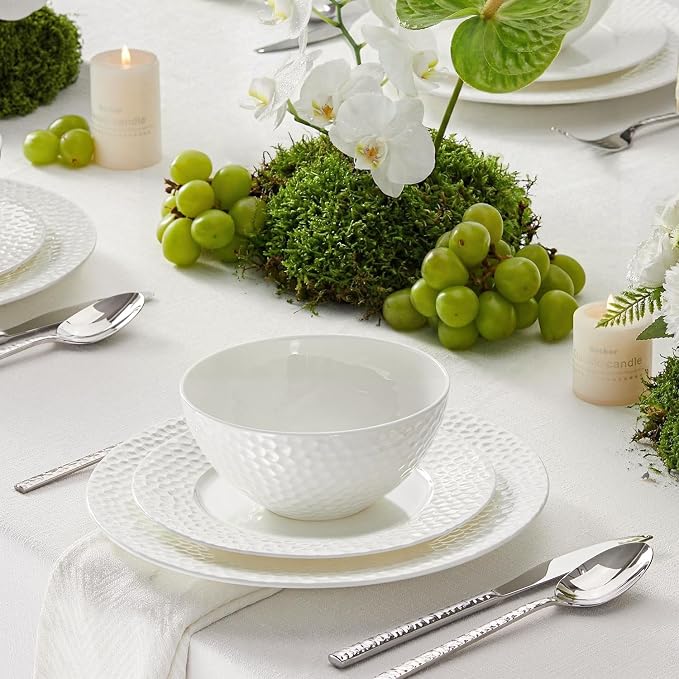 18Pcs Hammered Rim White Bone China Set, Service
