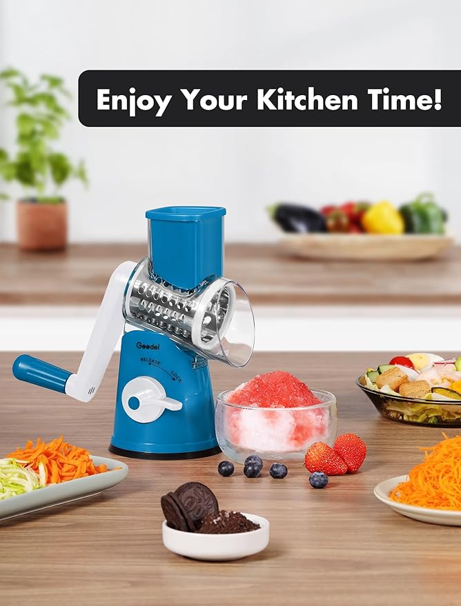 Geedel Rotary Cheese Grater Cheese Shredder - Upgraded 5-in-1 Cheese Grater with Handle and Strong Suction Base, Multi-purpose Vegetable Slicer Ice Shaver Nuts Grinder for Ice, Vegetables, Fruit, Nuts