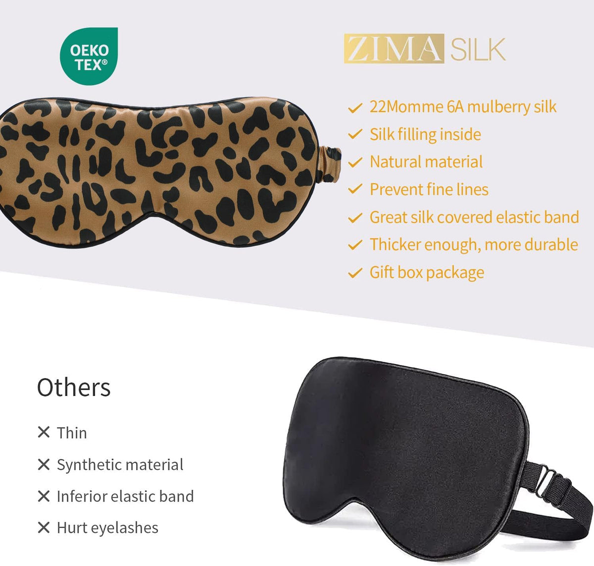 ZIMASILK Adjustable 100% 22 Momme Mulberry Silk Sleep Mask for Sleeping, Filled with Premium Mulberry Silk, Softest & Breathable Eye Sleeping Mask (Leopard-Black Golden)