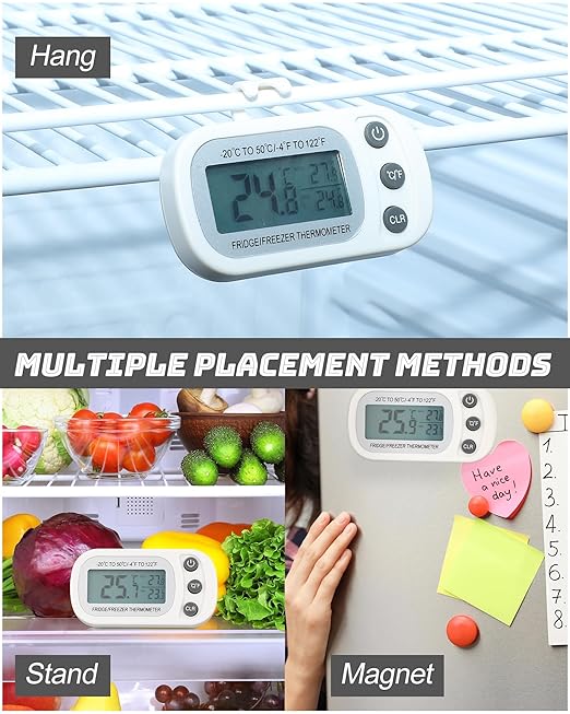 Frienda 16 Pack White Digital Fridge Thermometer Waterproof Refrigerator and Freezer Room Max/min Record Function LCD Screen Refrigerator Thermometer with Hook and Magnetic Back for Home