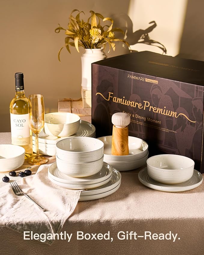 Stoneware Dinnerware Sets for 6, Plates and Bowls, Cream | 18-Piece Ceramic